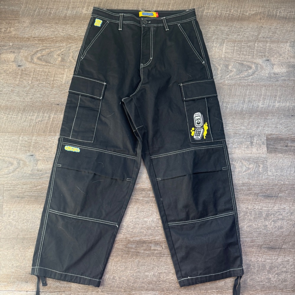 Empyre Mens Black Contrast Stitch Cargo Skate Pants Flip Phone Graphic Size 28